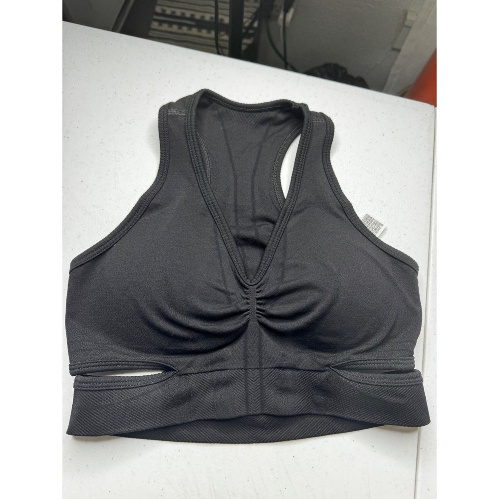 Alphalete Womens Black Ruched V-Neck Cut-Out Racerback Sports Bra Size Small